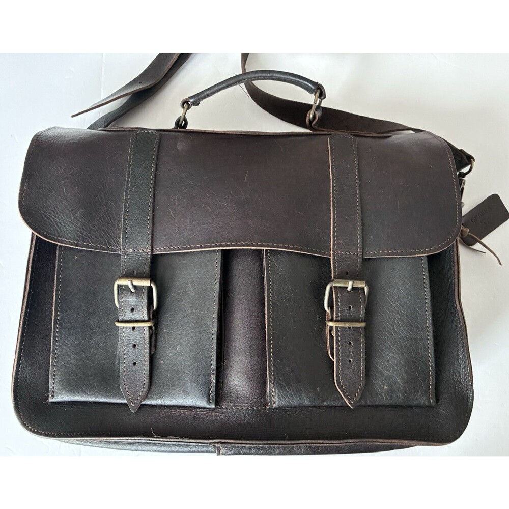 VTG Grafea England Dark Leather Laptop Messenger Poet Satchel Shoulder Bag - Picture 2 of 16